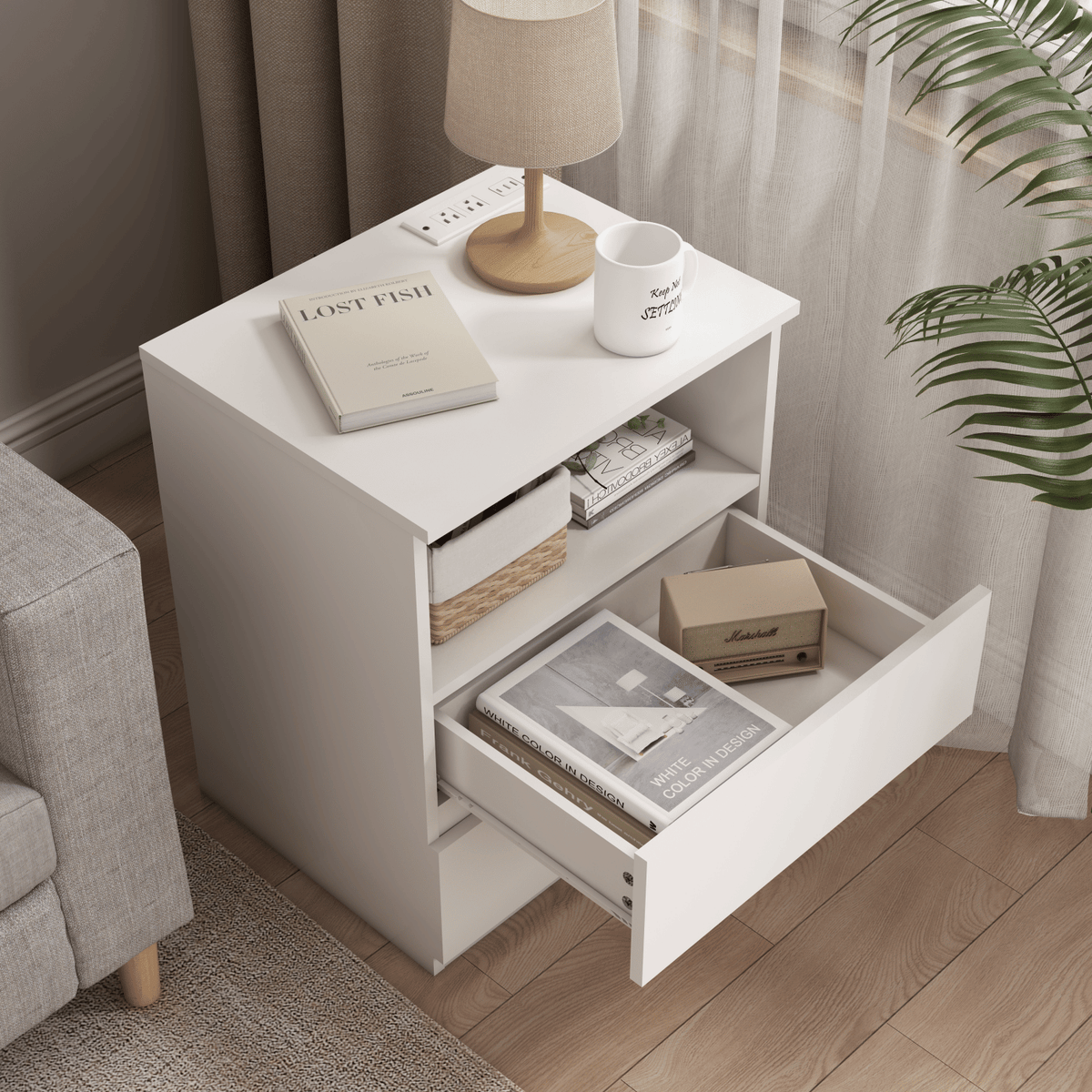 Charging End Tables with Drawers and Open Shelves