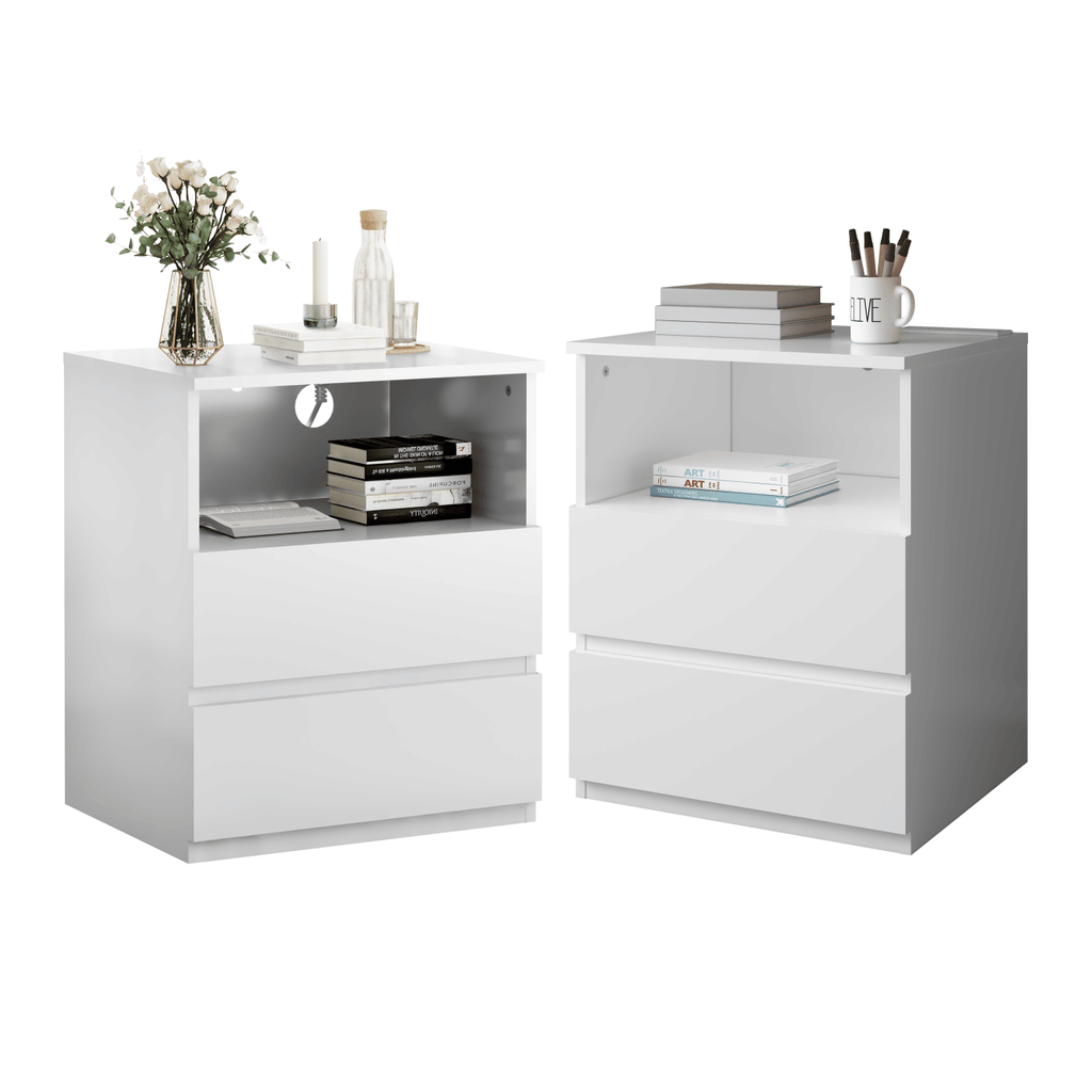 Charging End Tables with Drawers and Open Shelves