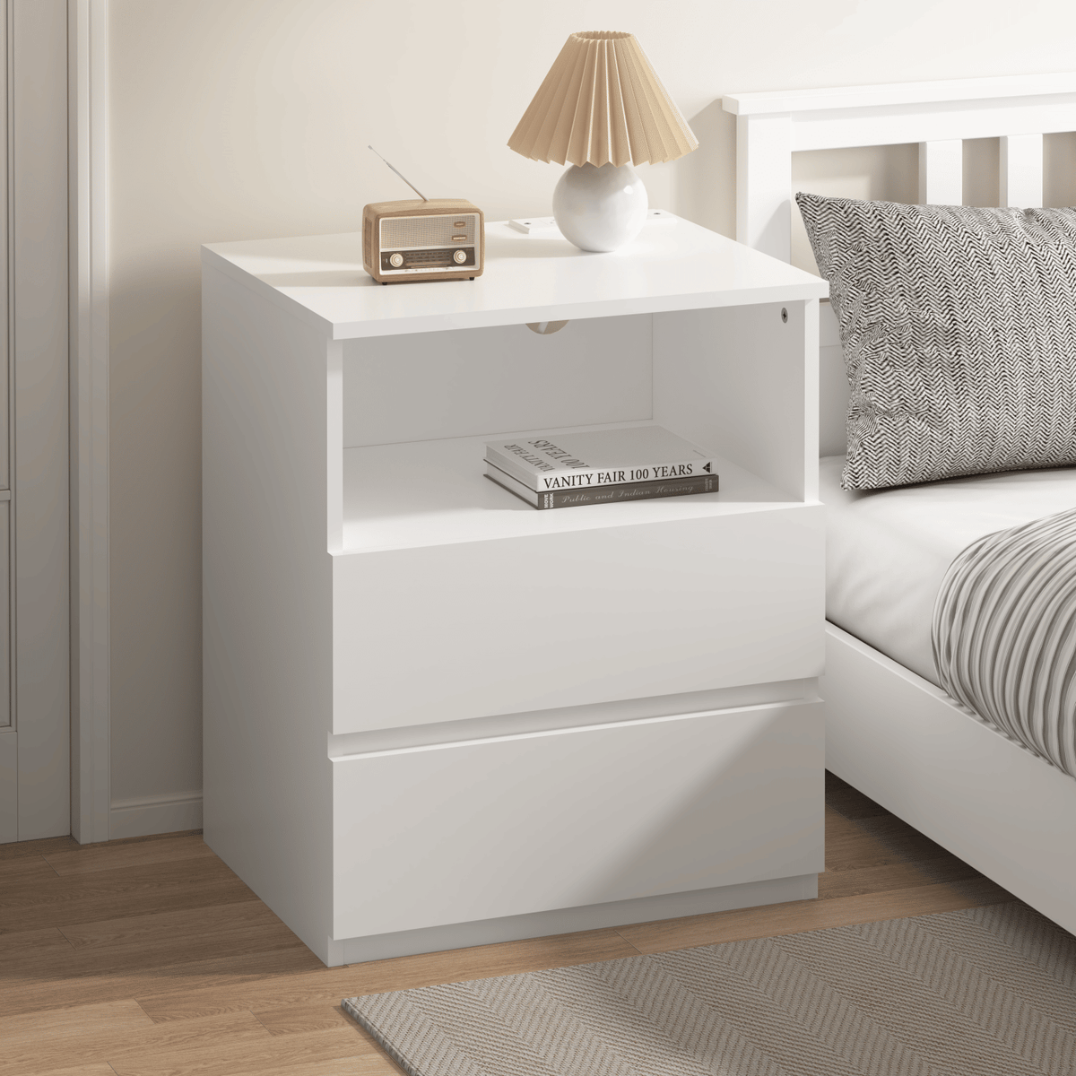 Charging End Tables with Drawers and Open Shelves