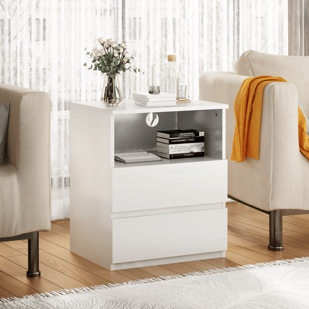 Charging End Tables with Drawers and Open Shelves