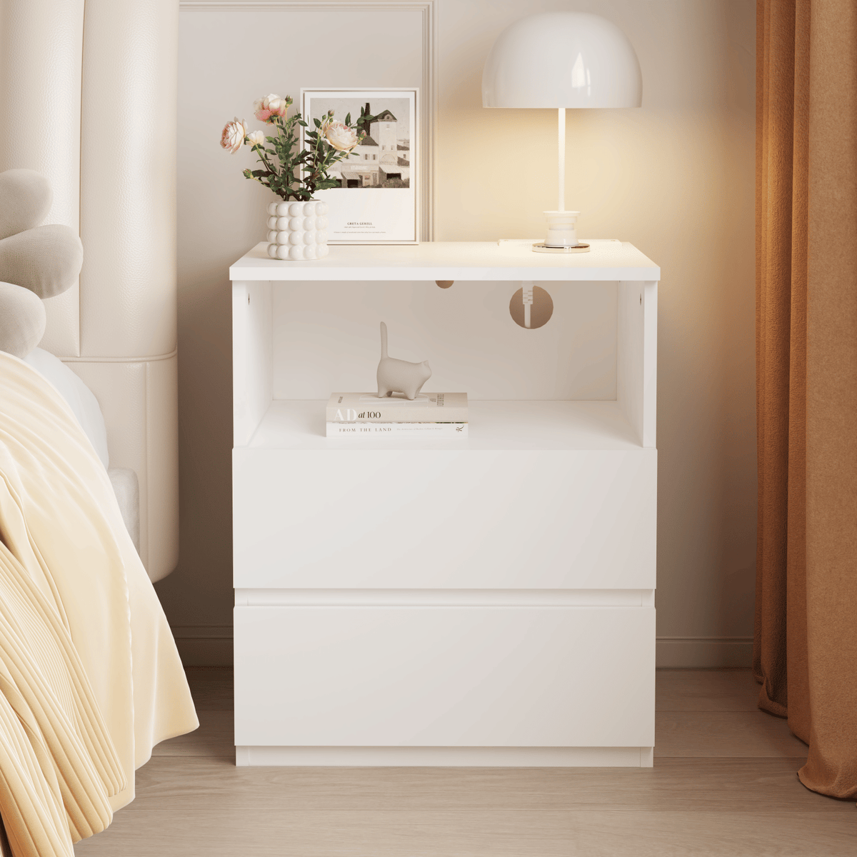 Charging End Tables with Drawers and Open Shelves