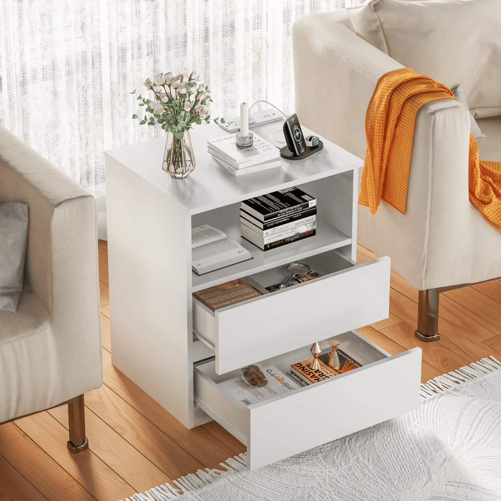 Charging End Tables with Drawers and Open Shelves