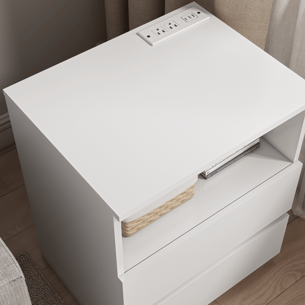 Charging End Tables with Drawers and Open Shelves