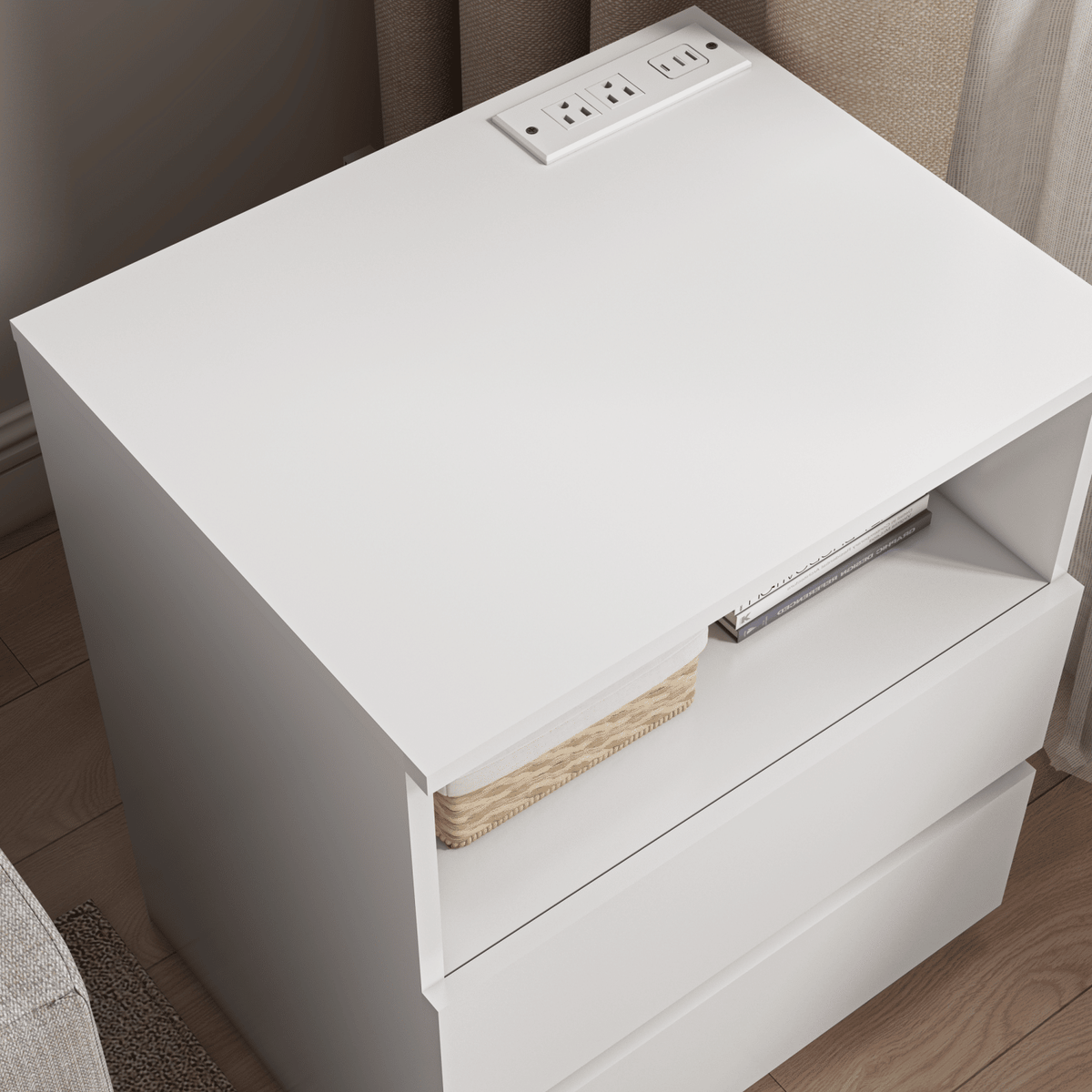 Charging End Tables with Drawers and Open Shelves