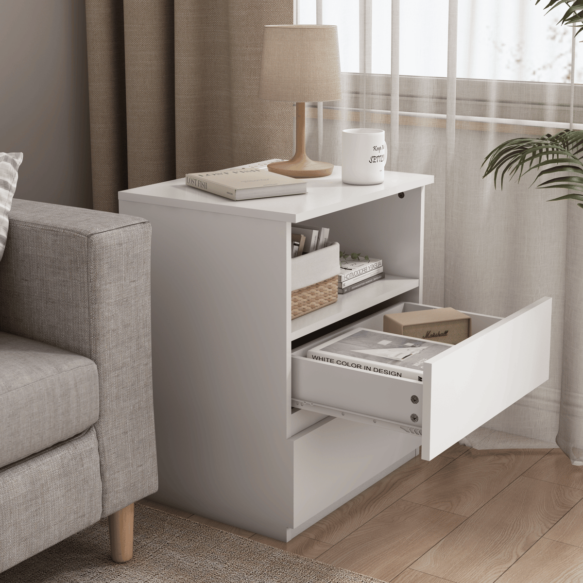 Charging End Tables with Drawers and Open Shelves