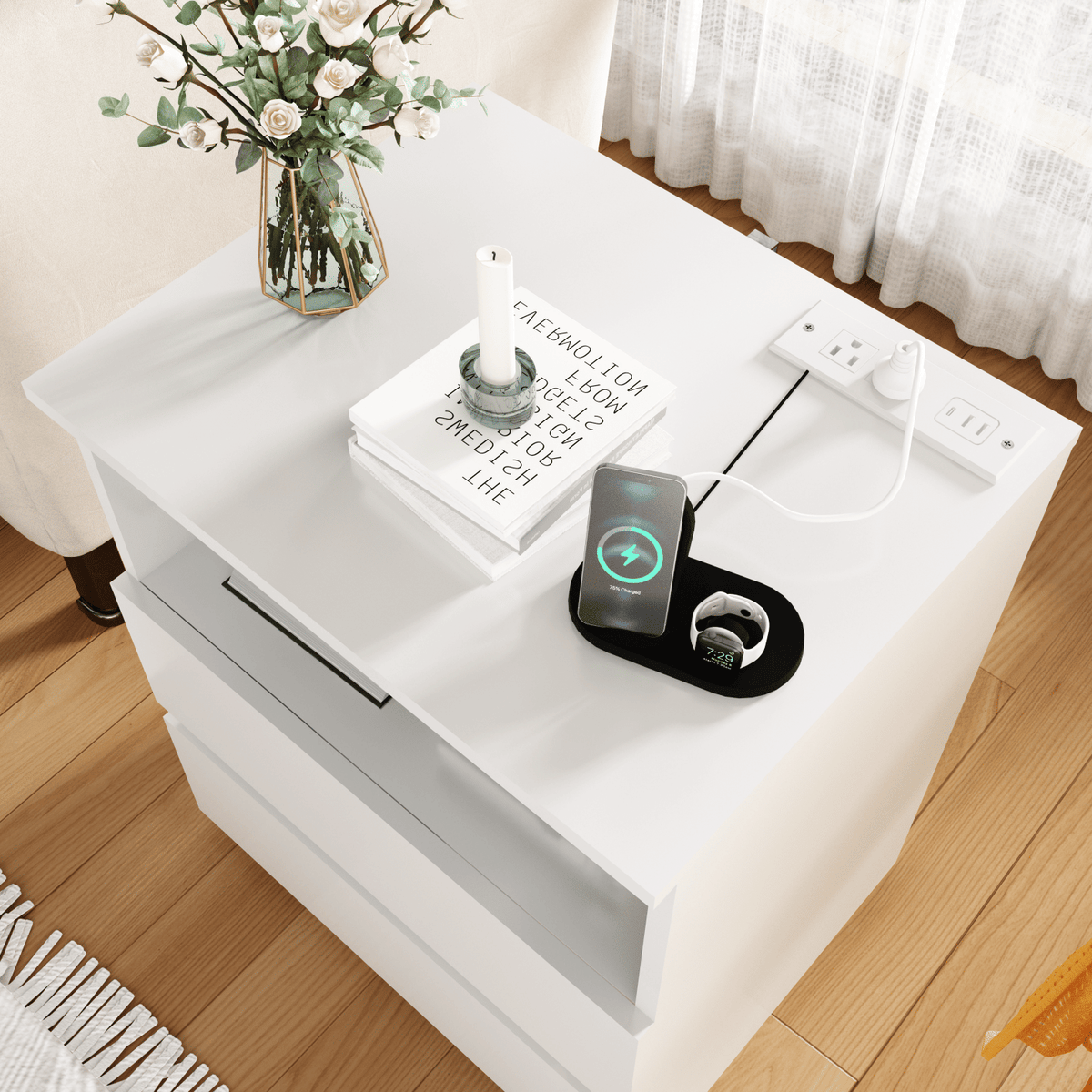 Charging End Tables with Drawers and Open Shelves