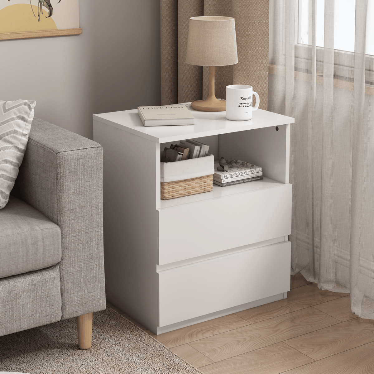 Charging End Tables with Drawers and Open Shelves