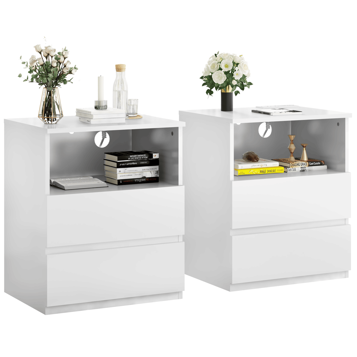 Charging End Tables with Drawers and Open Shelves