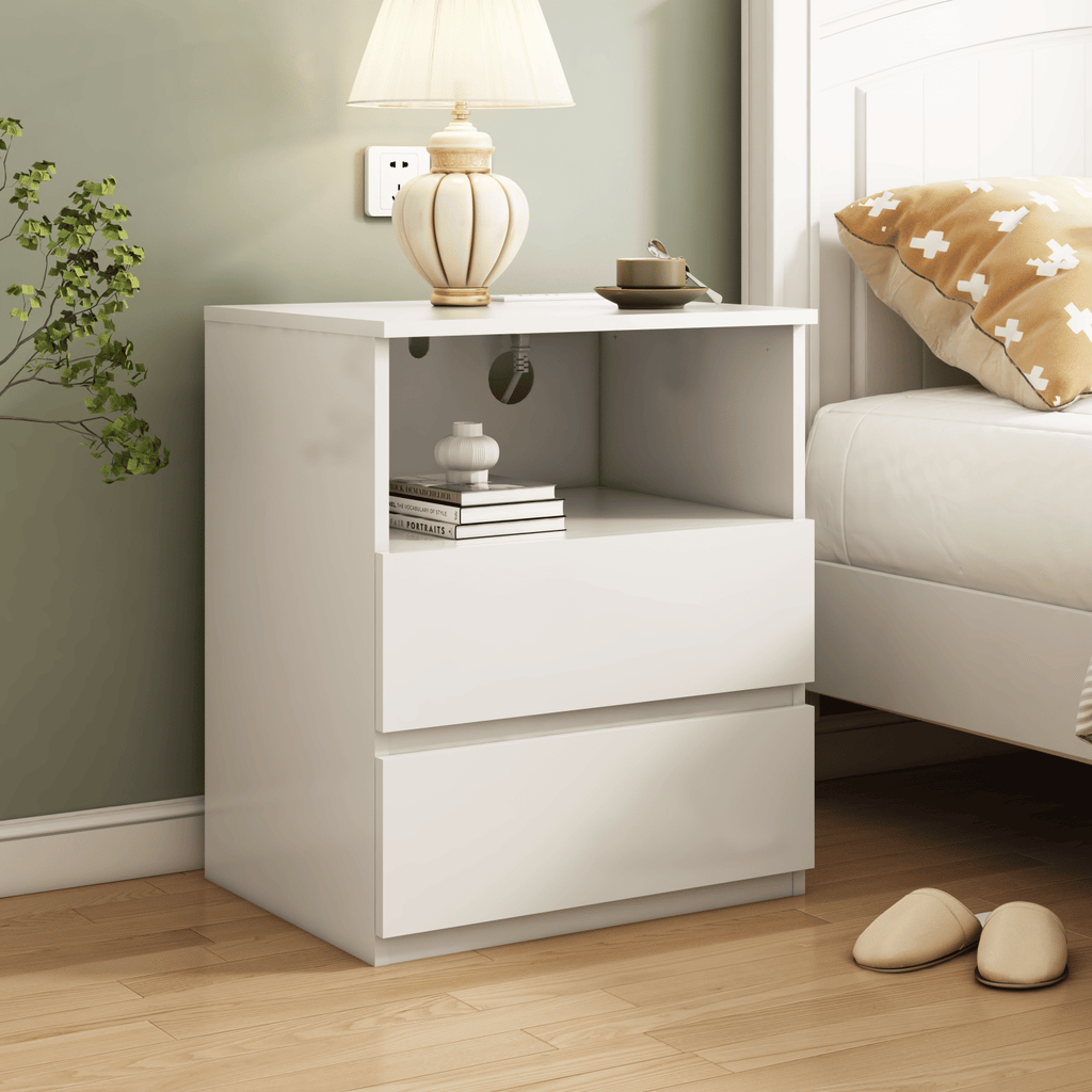 Charging End Tables with Drawers and Open Shelves