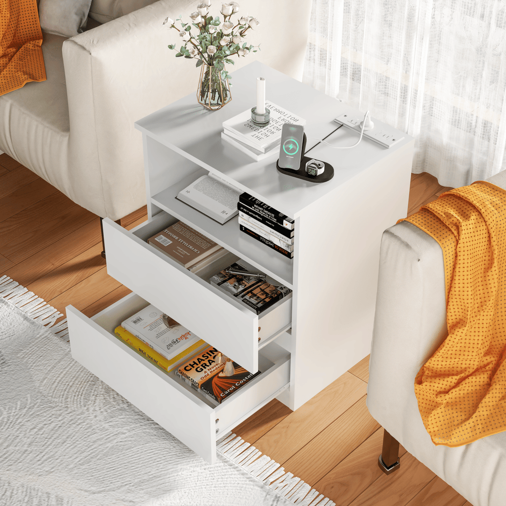Charging End Tables with Drawers and Open Shelves