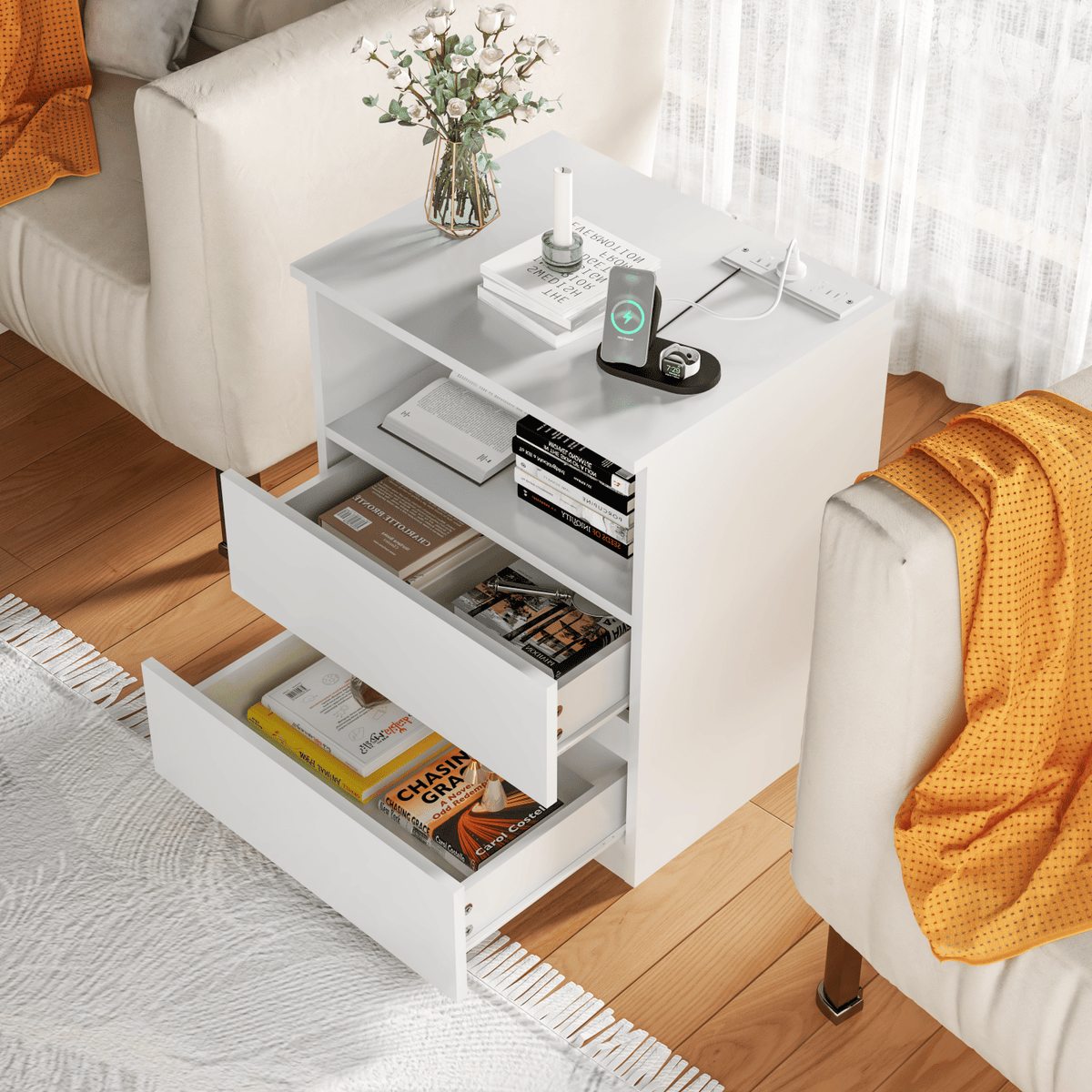 Charging End Tables with Drawers and Open Shelves