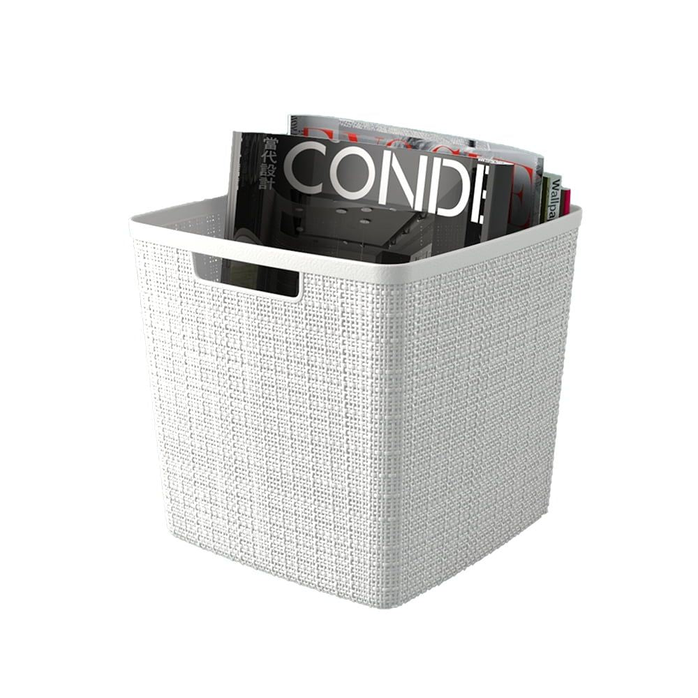 Set of 4 White Woven-Look Cube Baskets with Cutout Handles