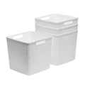 Set of 4 White Woven-Look Cube Baskets with Cutout Handles
