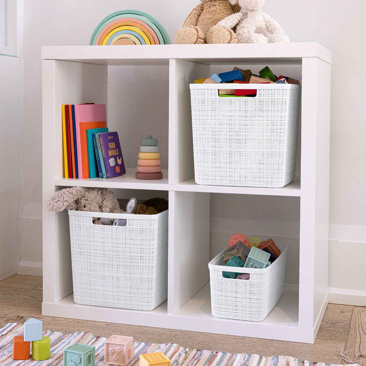 Set of 4 White Woven-Look Cube Baskets with Cutout Handles