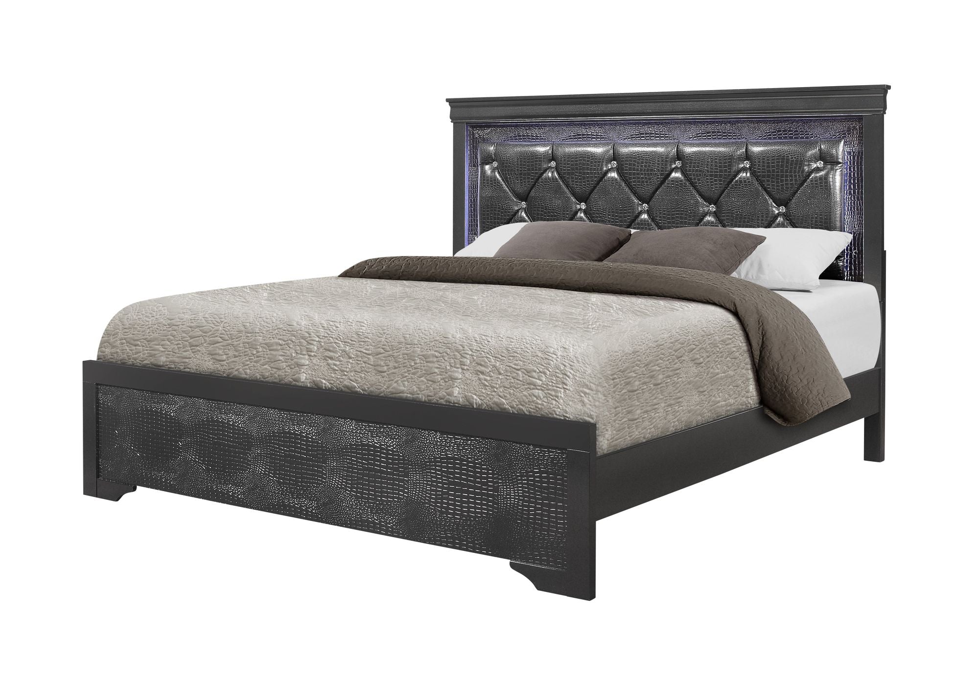 King Bed with Crystal Inspired Tufted Headboard and LED Lighting