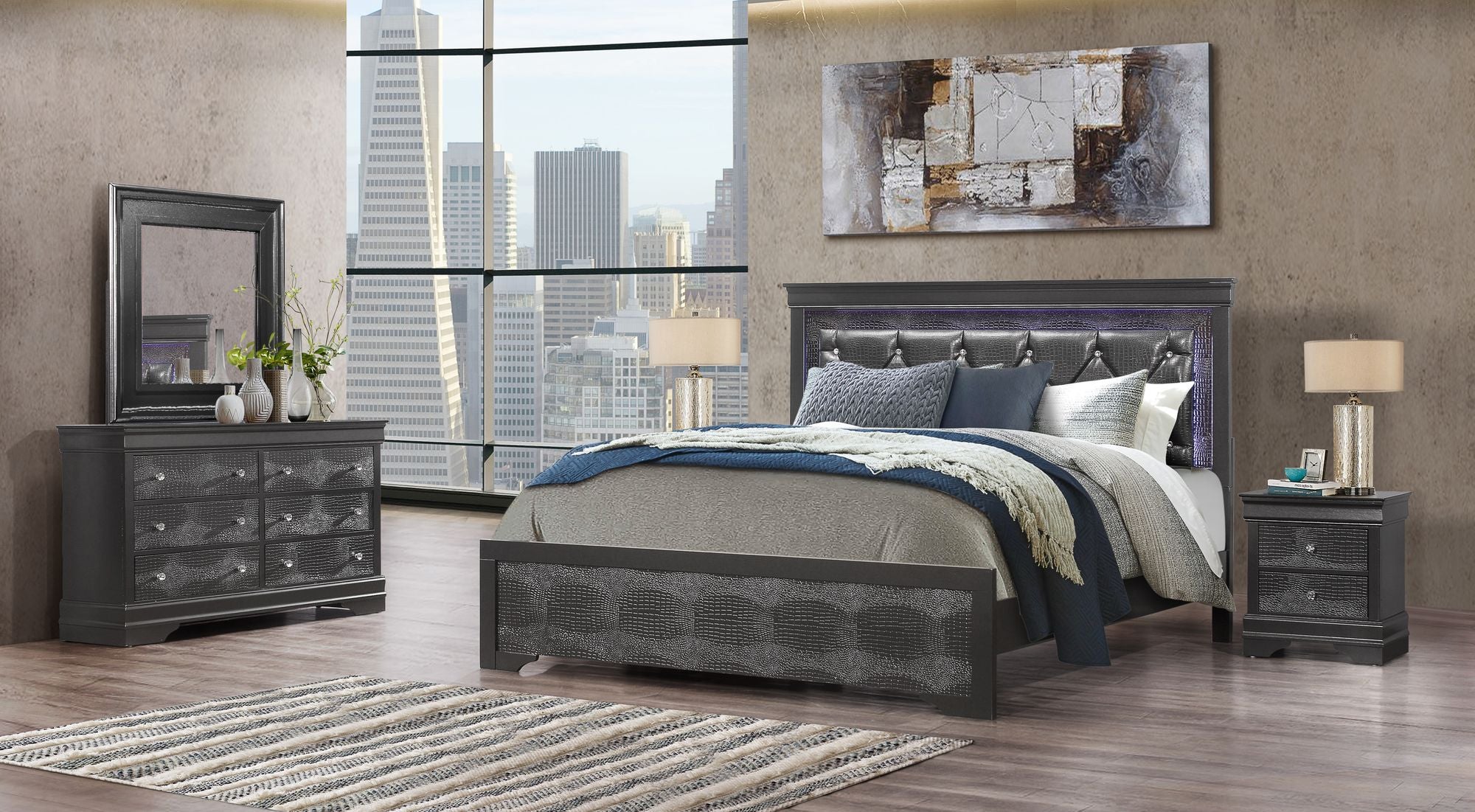 King Bed with Crystal Inspired Tufted Headboard and LED Lighting