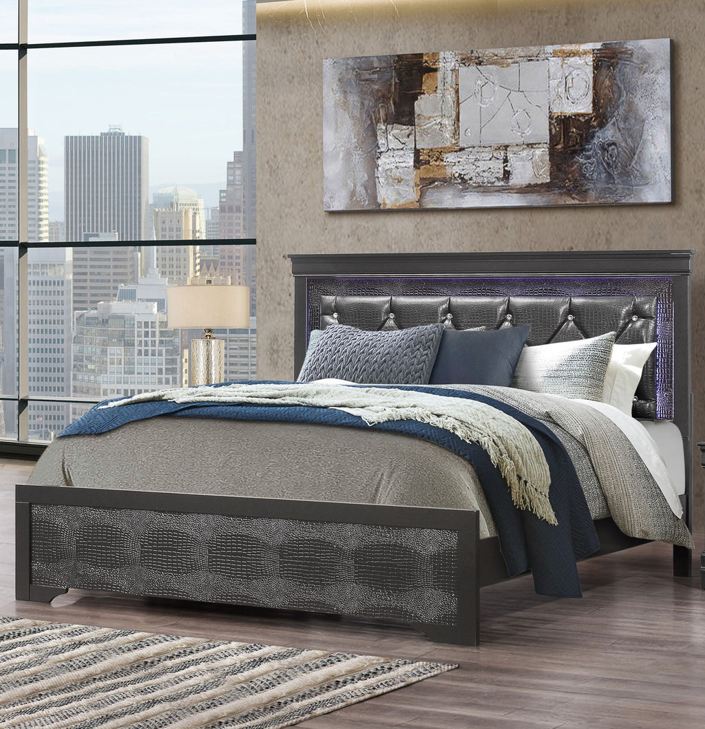 King Bed with Crystal Inspired Tufted Headboard and LED Lighting