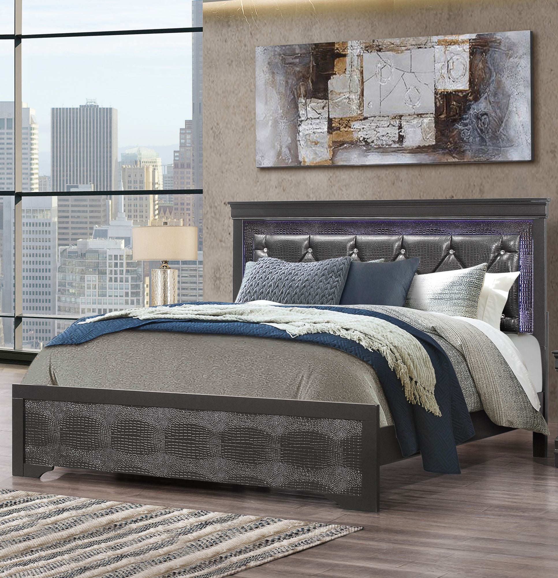 King Bed with Crystal Inspired Tufted Headboard and LED Lighting
