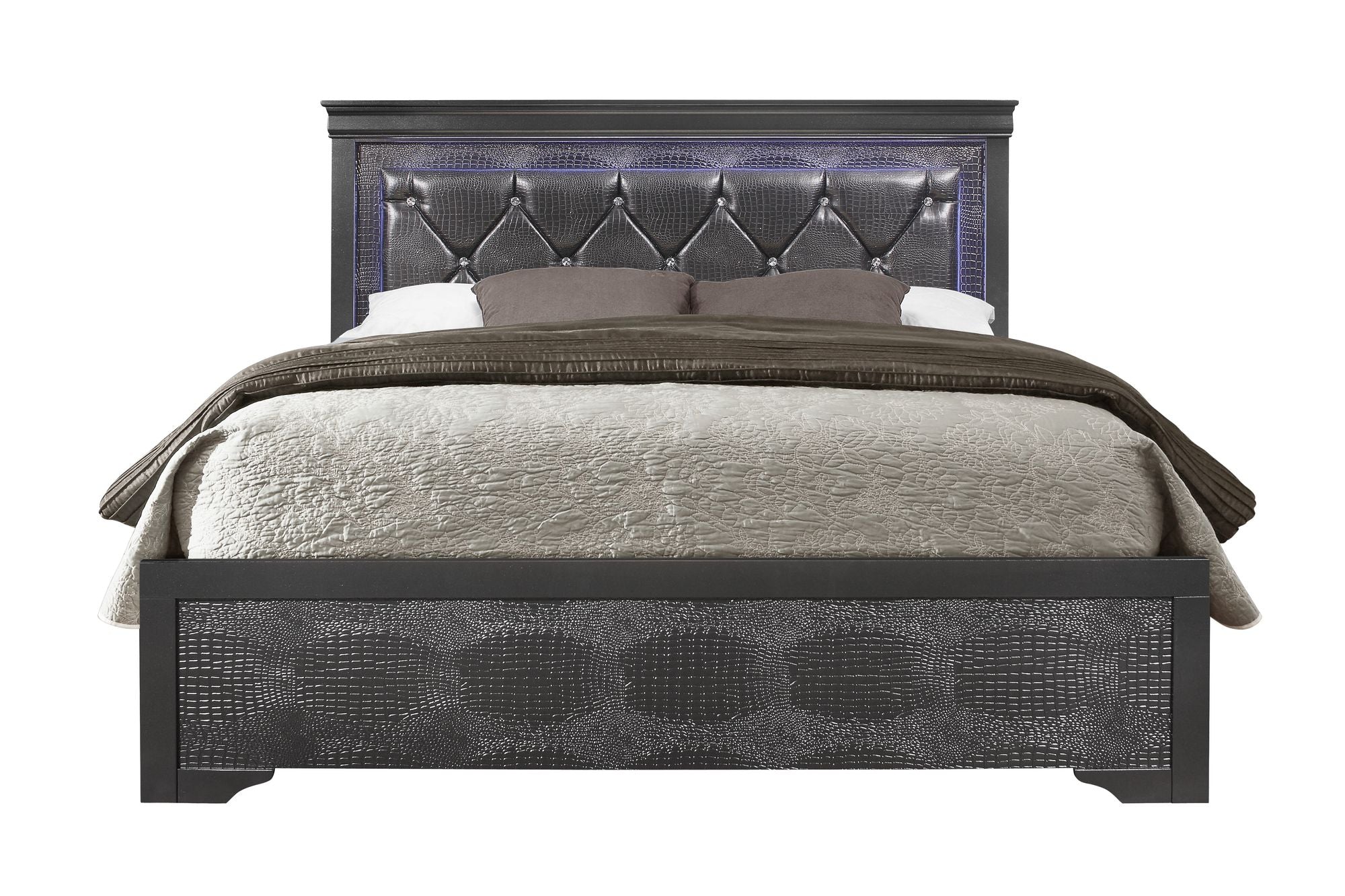 King Bed with Crystal Inspired Tufted Headboard and LED Lighting