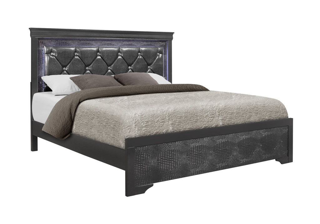 King Bed with Crystal Inspired Tufted Headboard and LED Lighting
