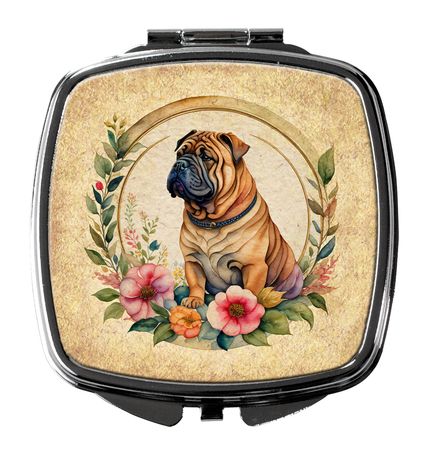 Shar Pei and Flowers Folding Compact Mirror