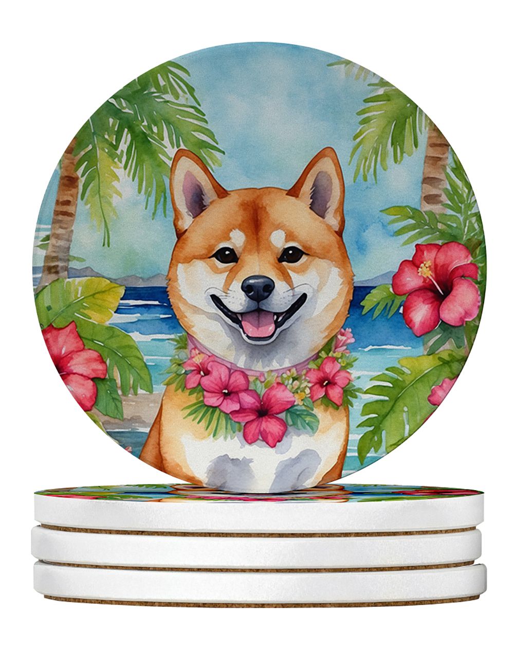 Shiba Inu Luau Absorbent Coaster Set with Gift Box