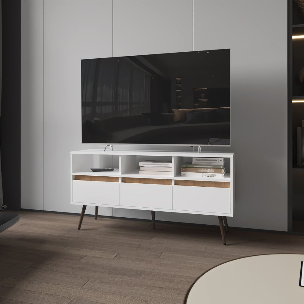 Modern White and Light Oak TV Stand with Drawers and Open Shelving