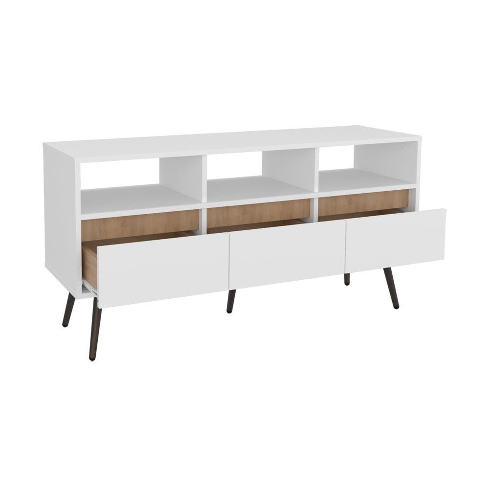 Modern White and Light Oak TV Stand with Drawers and Open Shelving