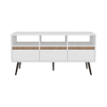 Modern White and Light Oak TV Stand with Drawers and Open Shelving