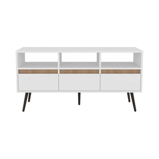 Modern White and Light Oak TV Stand with Drawers and Open Shelving