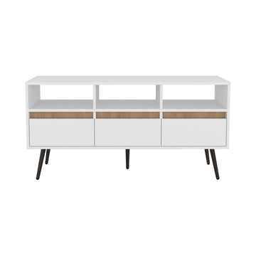 Modern White and Light Oak TV Stand with Drawers and Open Shelving