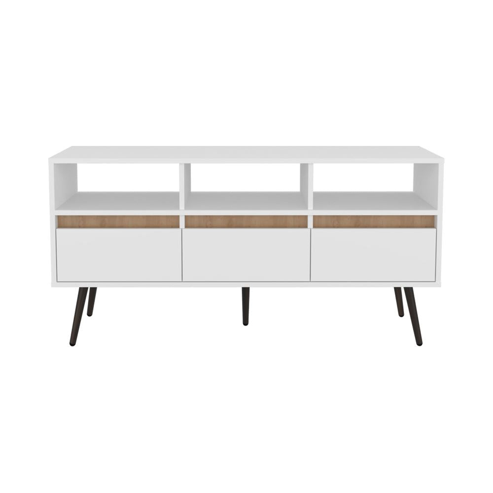 Modern White and Light Oak TV Stand with Drawers and Open Shelving