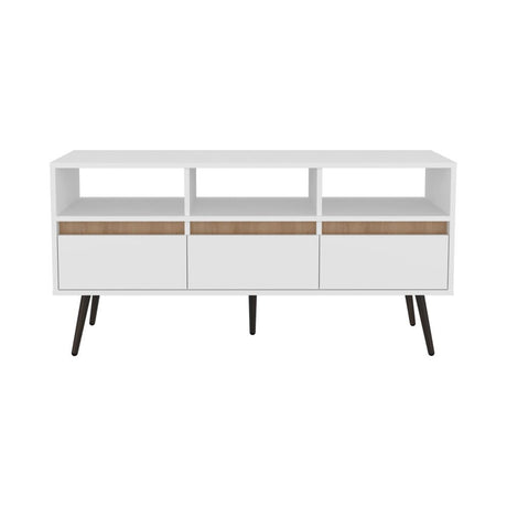 Modern White and Light Oak TV Stand with Drawers and Open Shelving