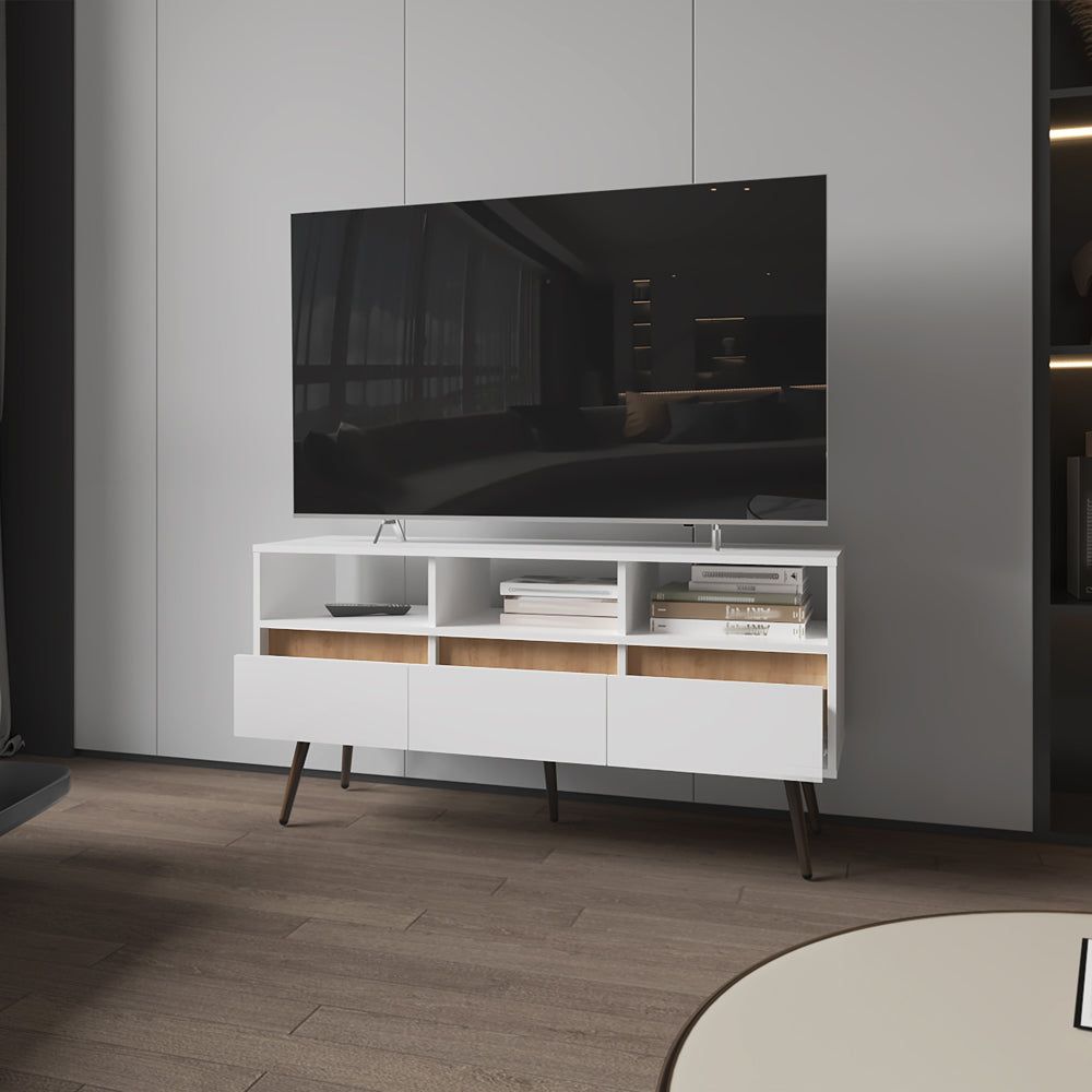 Modern White and Light Oak TV Stand with Drawers and Open Shelving