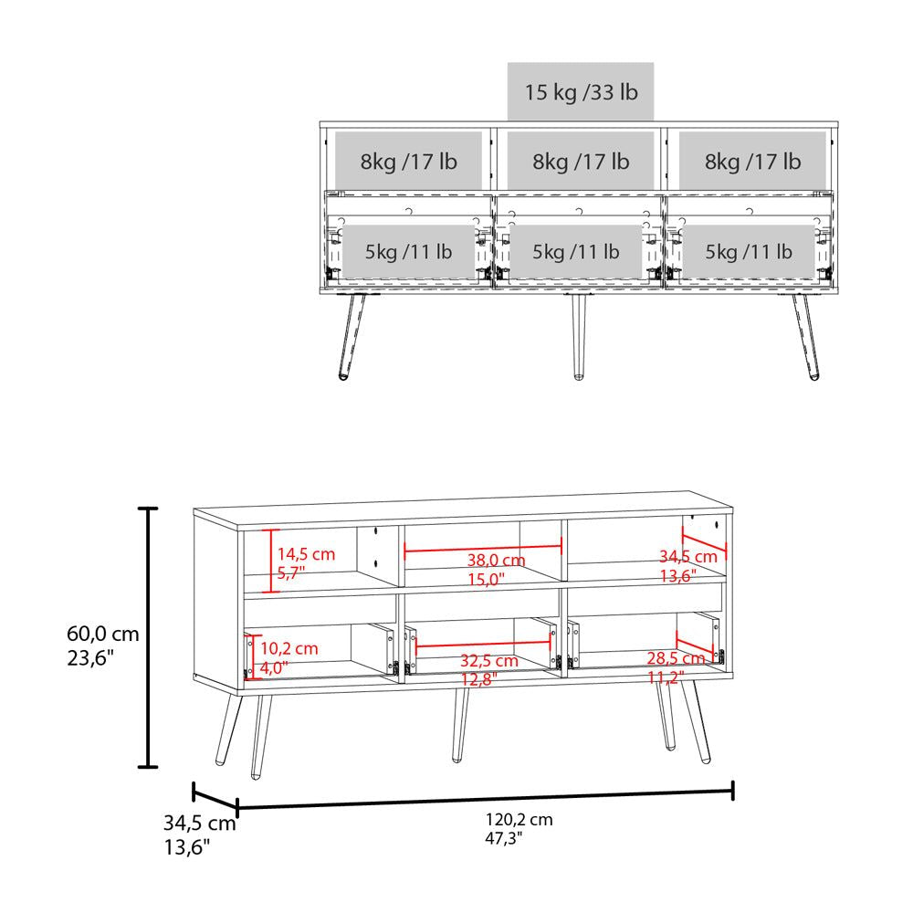 Modern White and Light Oak TV Stand with Drawers and Open Shelving