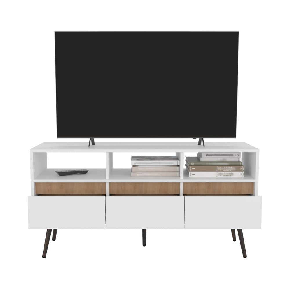 Modern White and Light Oak TV Stand with Drawers and Open Shelving