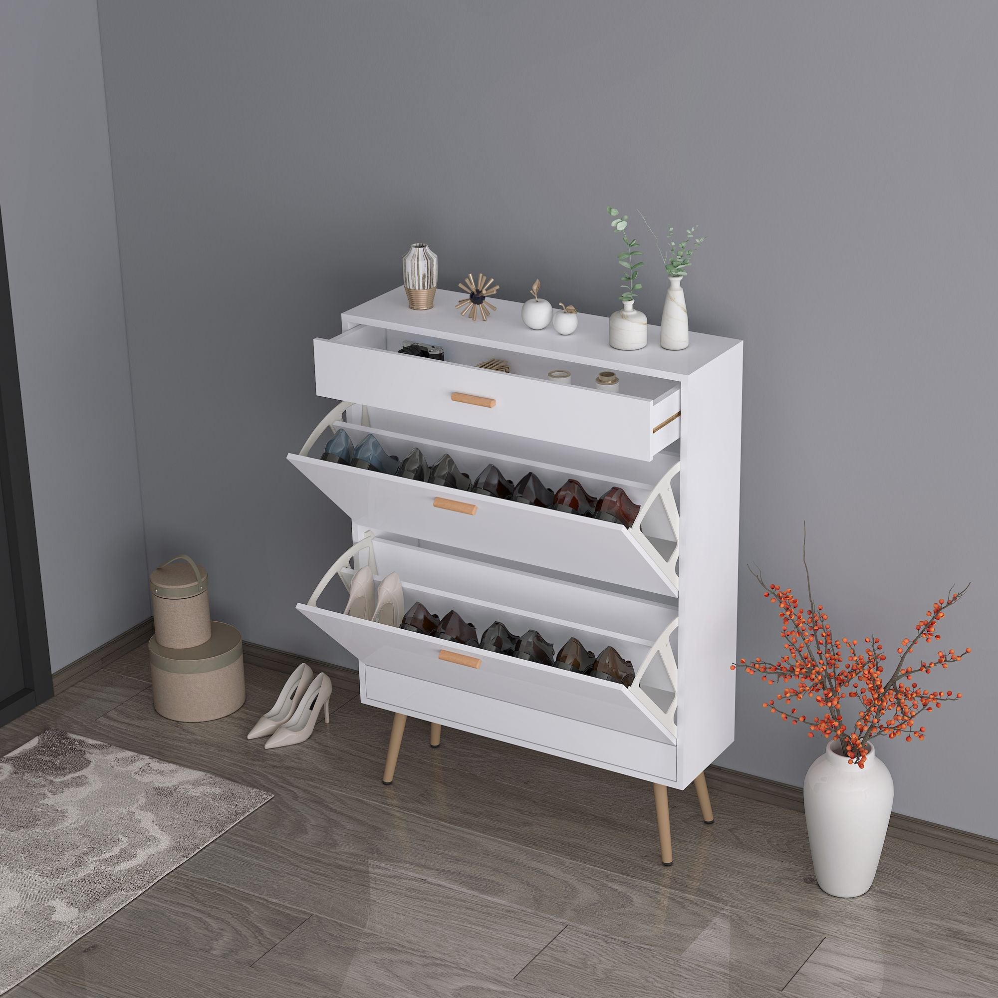 Shoe Cabinet with 2 Flip Drawers, Stores Up to 16 Pairs, Slim Design for Entryway