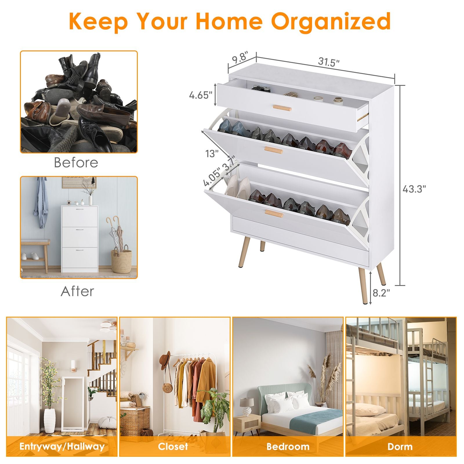 Shoe Cabinet with 2 Flip Drawers, Stores Up to 16 Pairs, Slim Design for Entryway