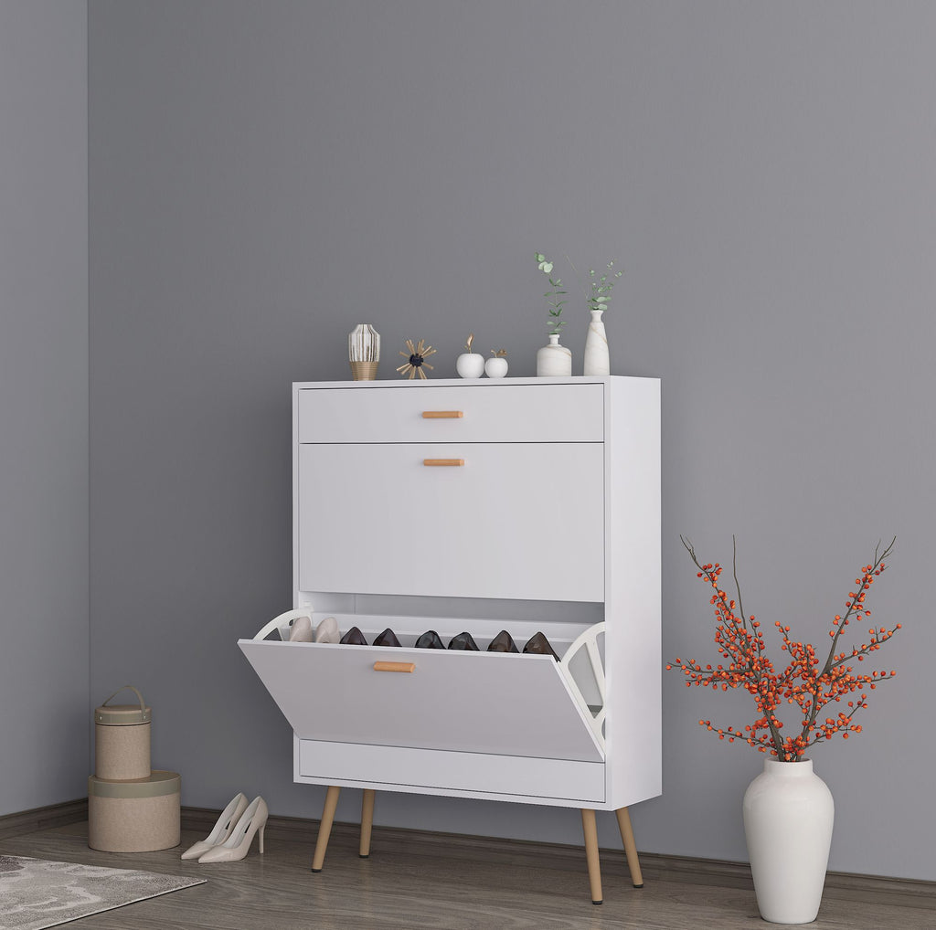 Shoe Cabinet with 2 Flip Drawers, Stores Up to 16 Pairs, Slim Design for Entryway