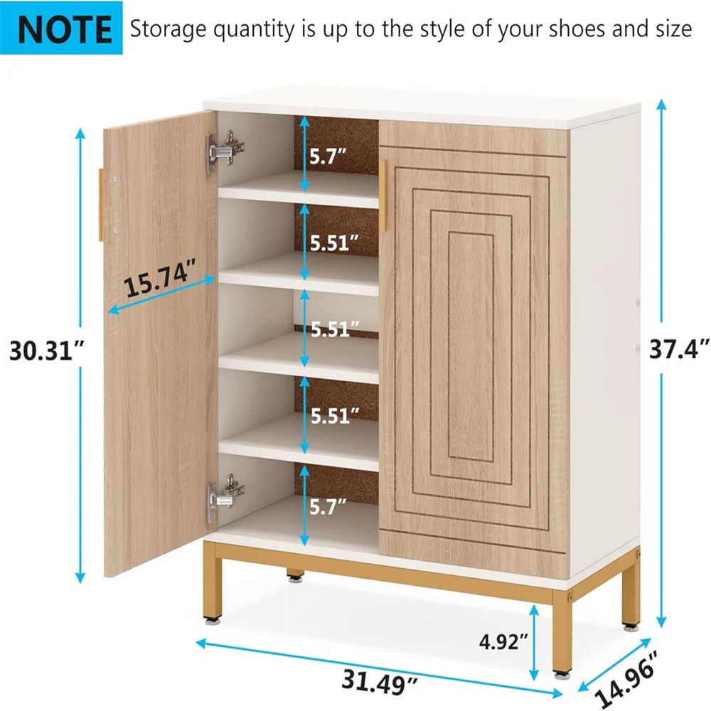Shoe Cabinet with Adjustable Shelves and Gold Legs, Holds 20 Pairs
