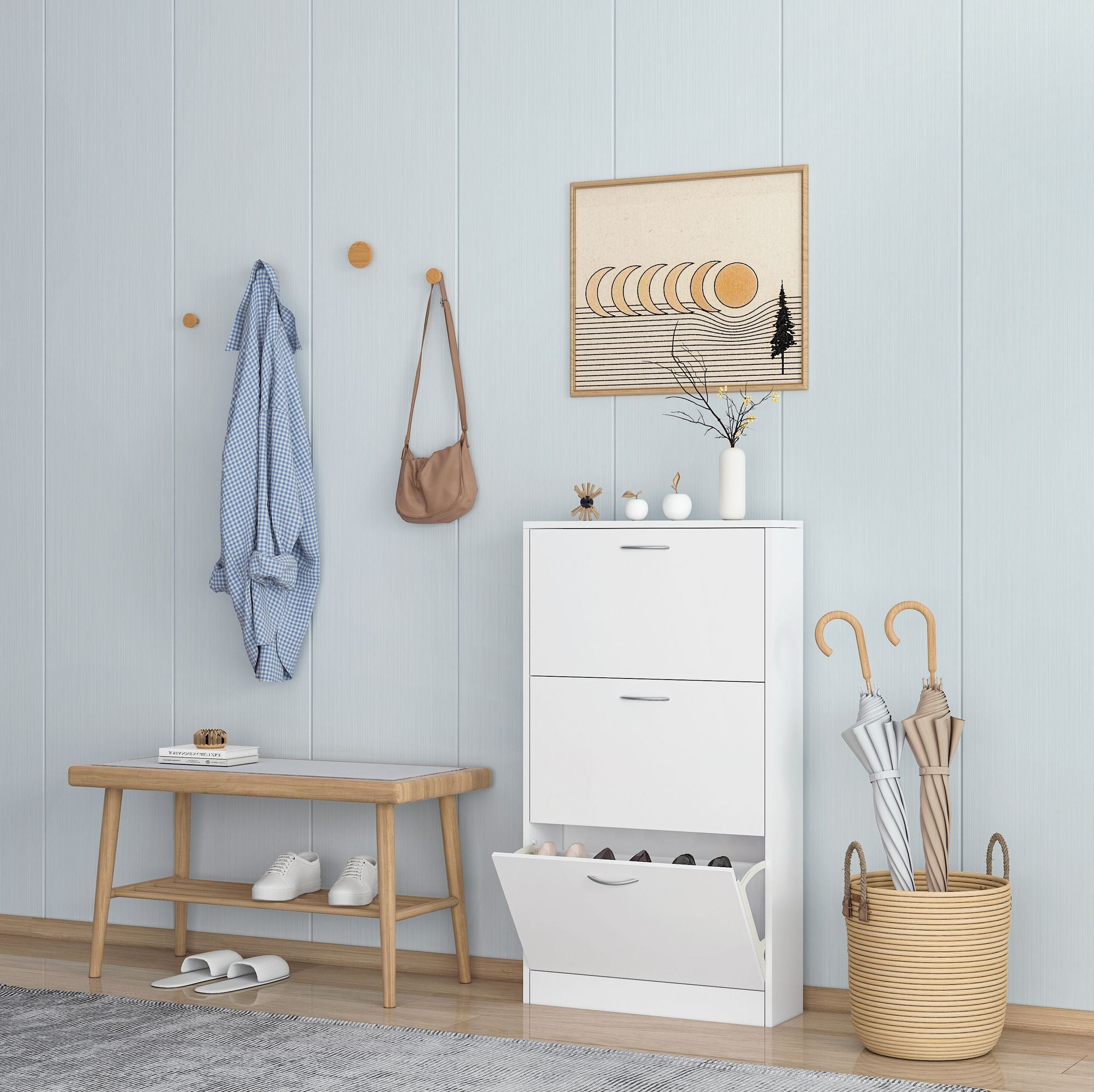Shoe Cabinet for Entryway, White Narrow Shoe Storage Cabinet Flip Down Shoe Rack Wood 3 Tier Shoe Or