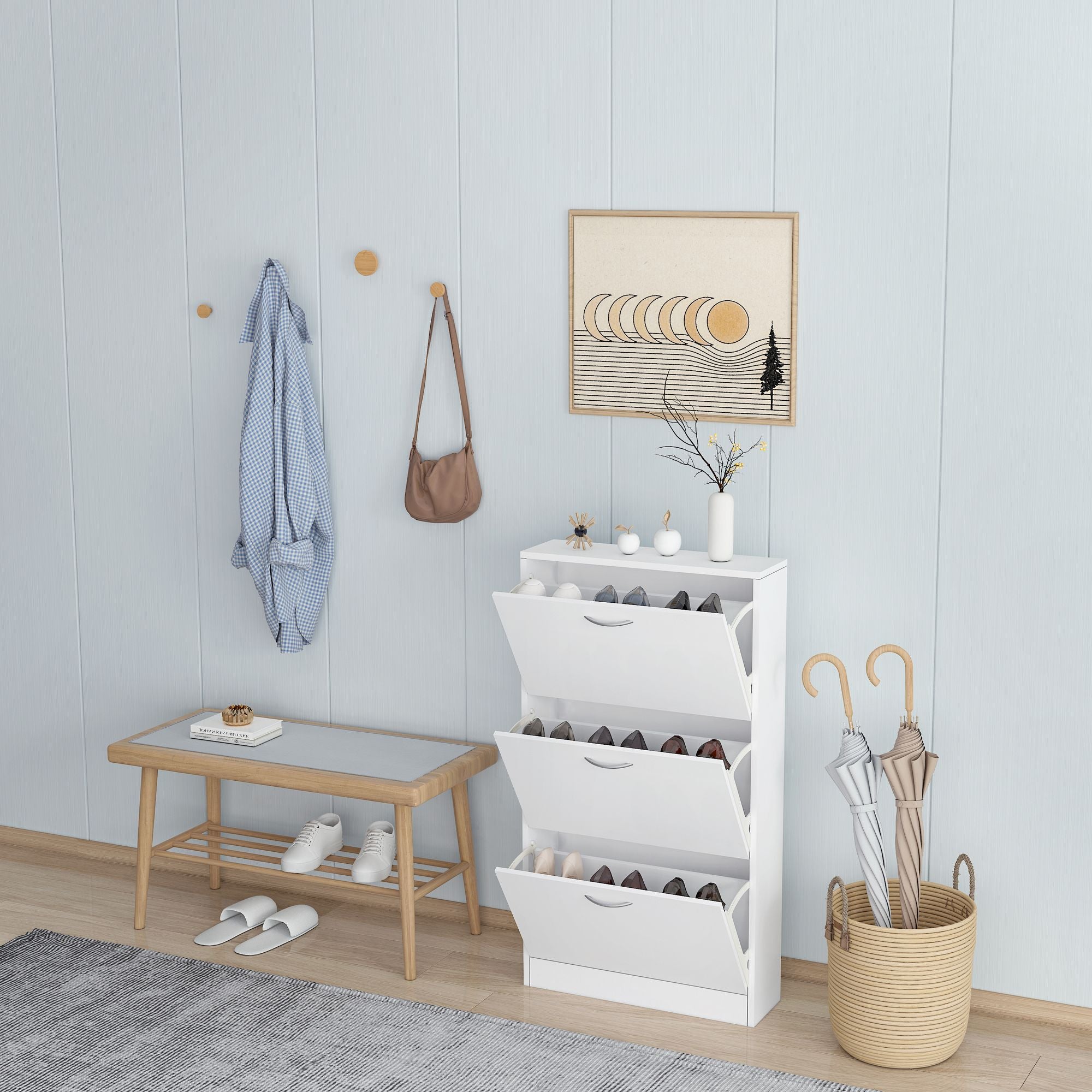 Shoe Cabinet for Entryway, White Narrow Shoe Storage Cabinet Flip Down Shoe Rack Wood 3 Tier Shoe Or