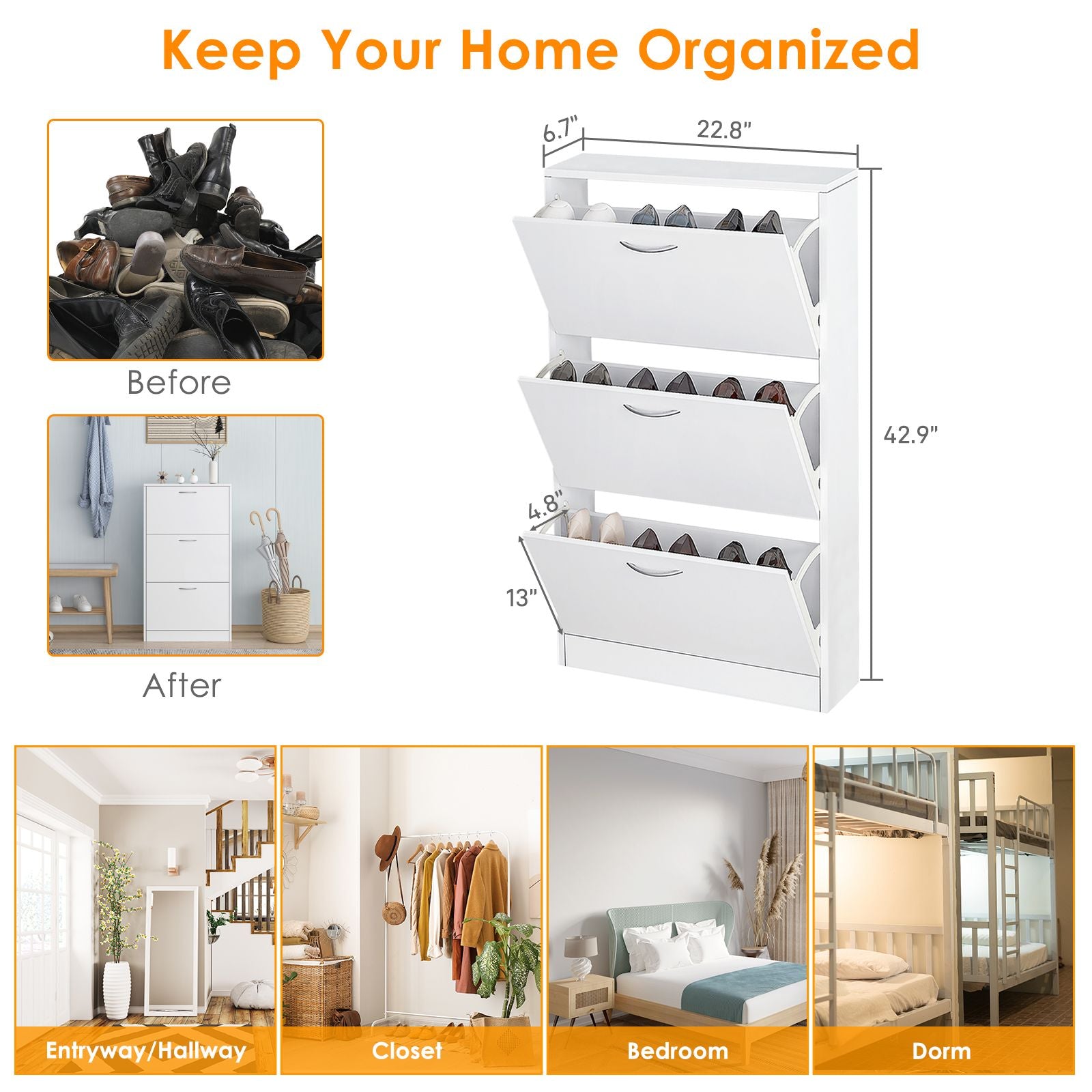 Shoe Cabinet for Entryway, White Narrow Shoe Storage Cabinet Flip Down Shoe Rack Wood 3 Tier Shoe Or