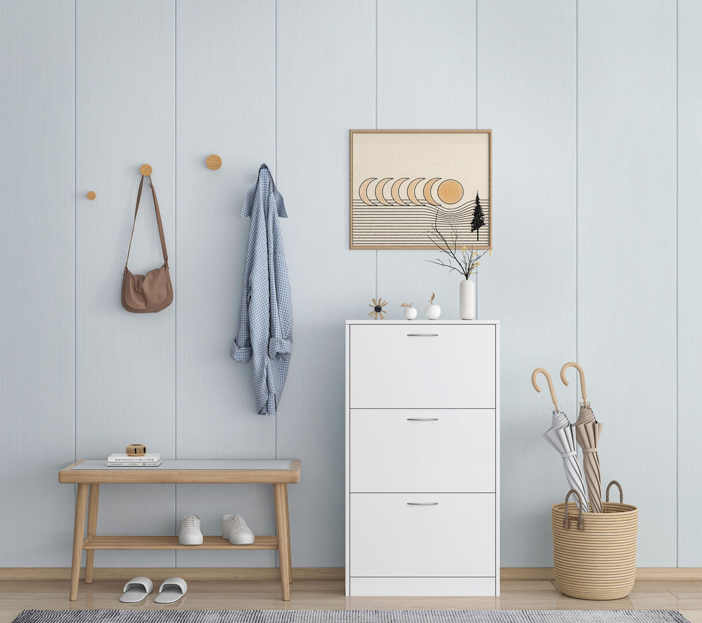 Shoe Cabinet for Entryway, White Narrow Shoe Storage Cabinet Flip Down Shoe Rack Wood 3 Tier Shoe Or