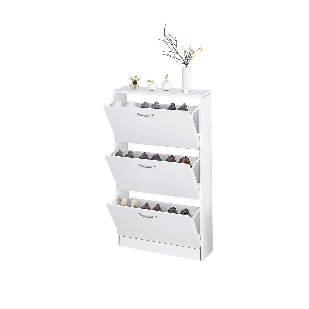 Shoe Cabinet for Entryway, White Narrow Shoe Storage Cabinet Flip Down Shoe Rack Wood 3 Tier Shoe Or