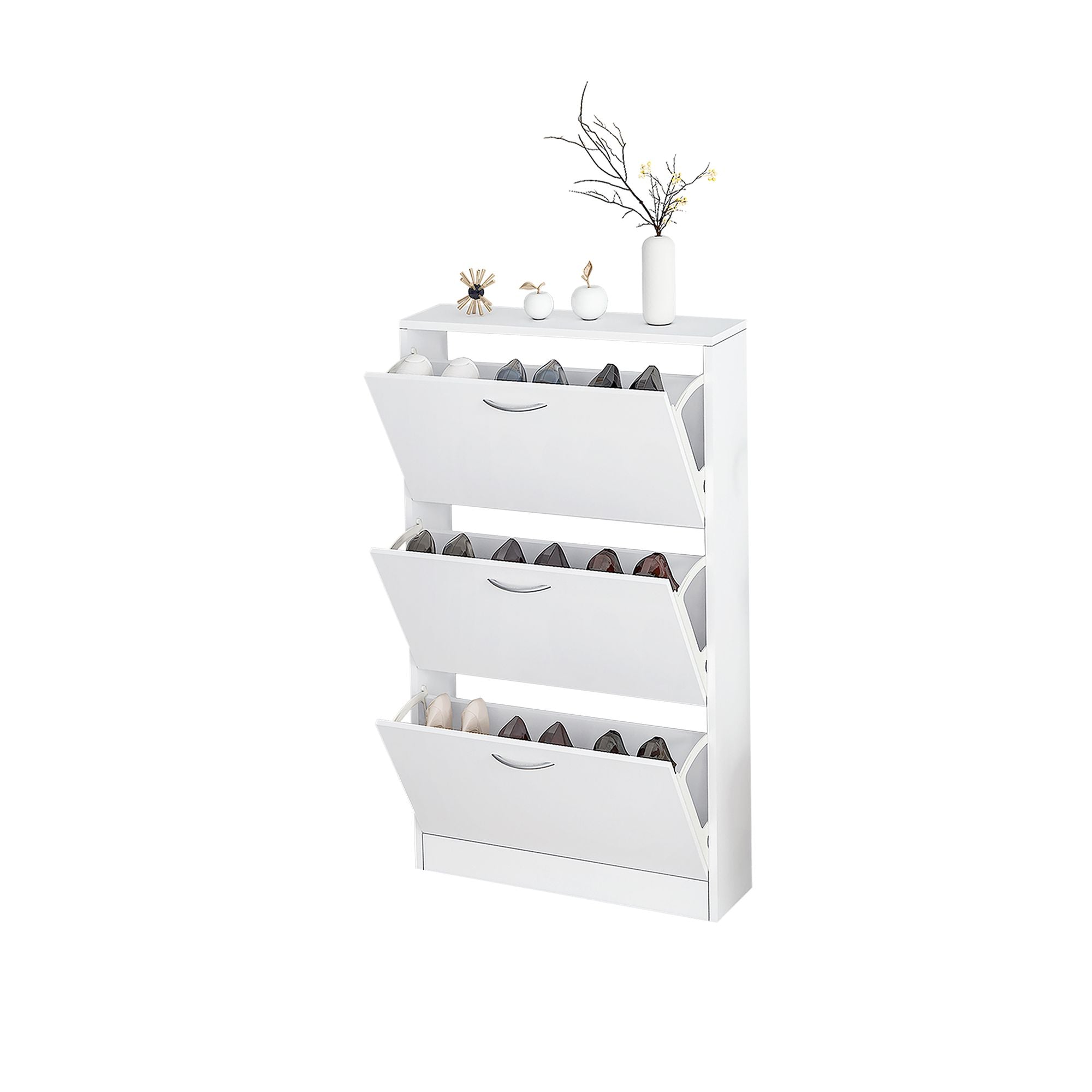 Shoe Cabinet for Entryway, White Narrow Shoe Storage Cabinet Flip Down Shoe Rack Wood 3 Tier Shoe Or