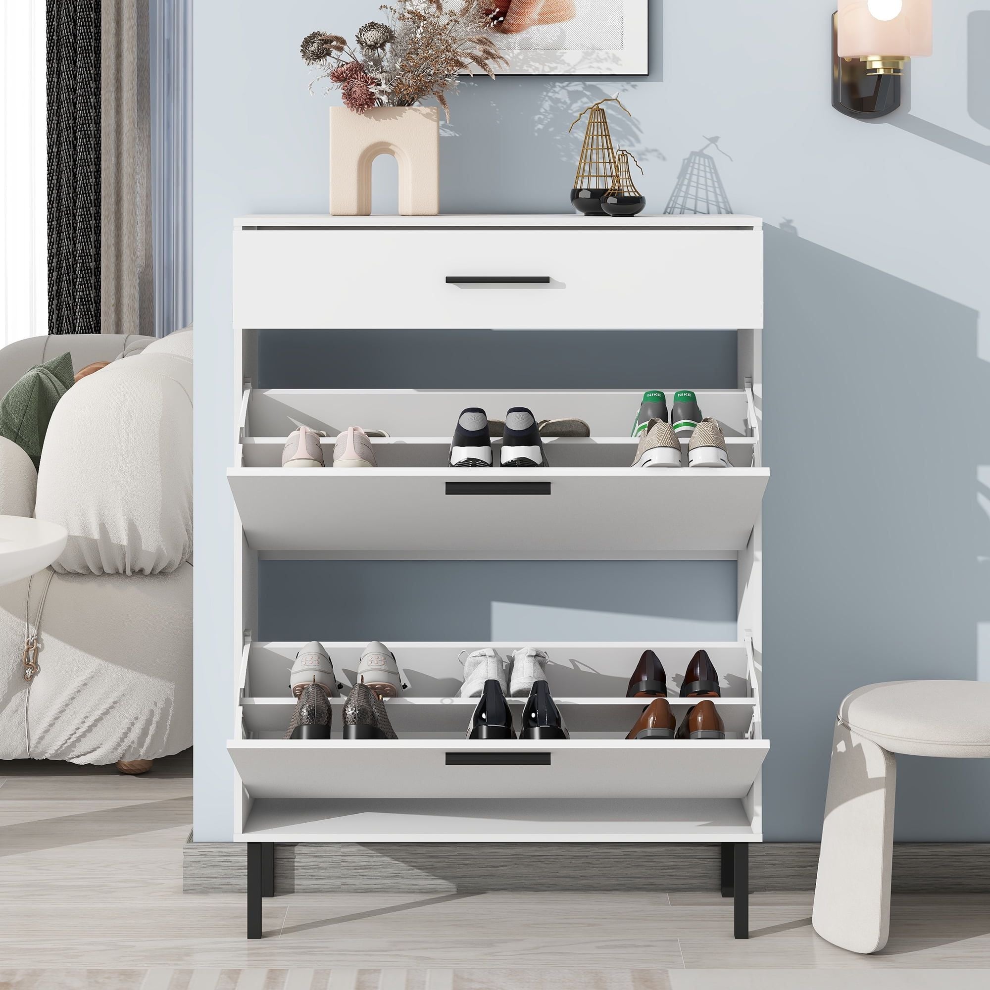 Freestanding Shoe Cabinet with 2 Flip Drawers and Adjustable Compartments