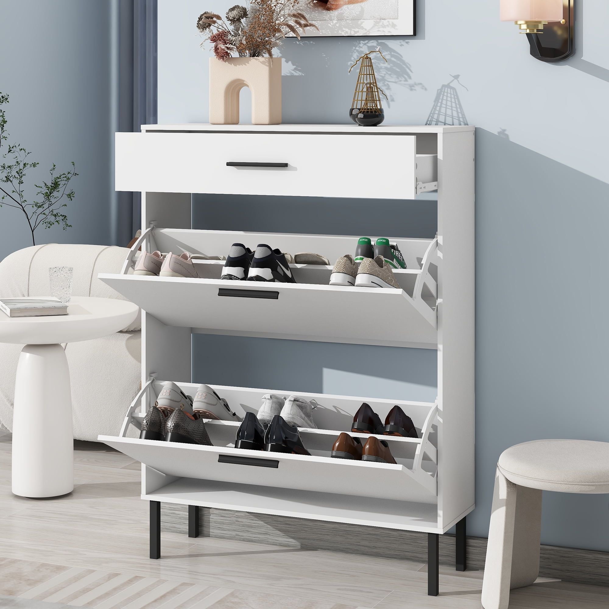 Freestanding Shoe Cabinet with 2 Flip Drawers and Adjustable Compartments