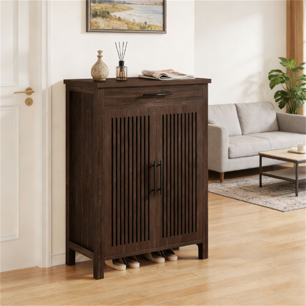 Rustic Brown Farmhouse Shoe Cabinet with Drawer