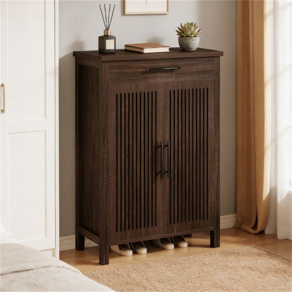 Rustic Brown Farmhouse Shoe Cabinet with Drawer